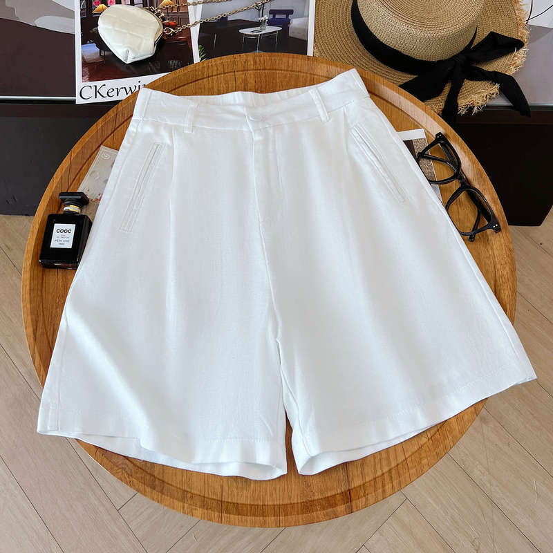 White Wrinkle-Resistant Lyocell Tencel Linen Suit Shorts for Women, Thin Style, 2026 Summer New Wide-Leg Knee-Length Shorts