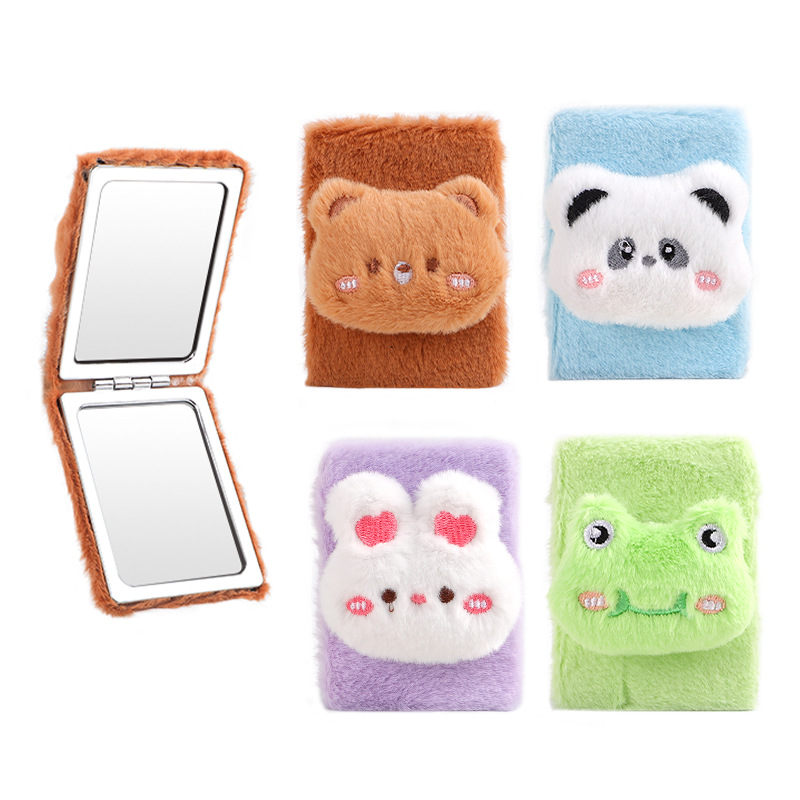 Nuevos aditivos de peluche rectangular plegable espejo de maquillaje logotipo personalizado pequeño regalo plegable espejo de bolso llavero cuerda de mano