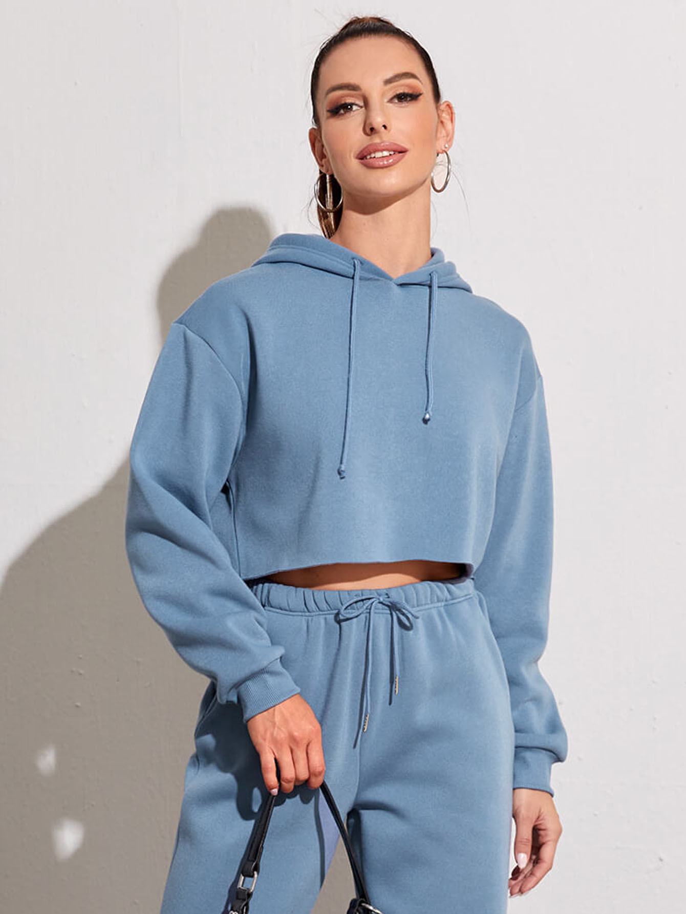 Fleece Solid Color Short Navel-Exposed Hooded