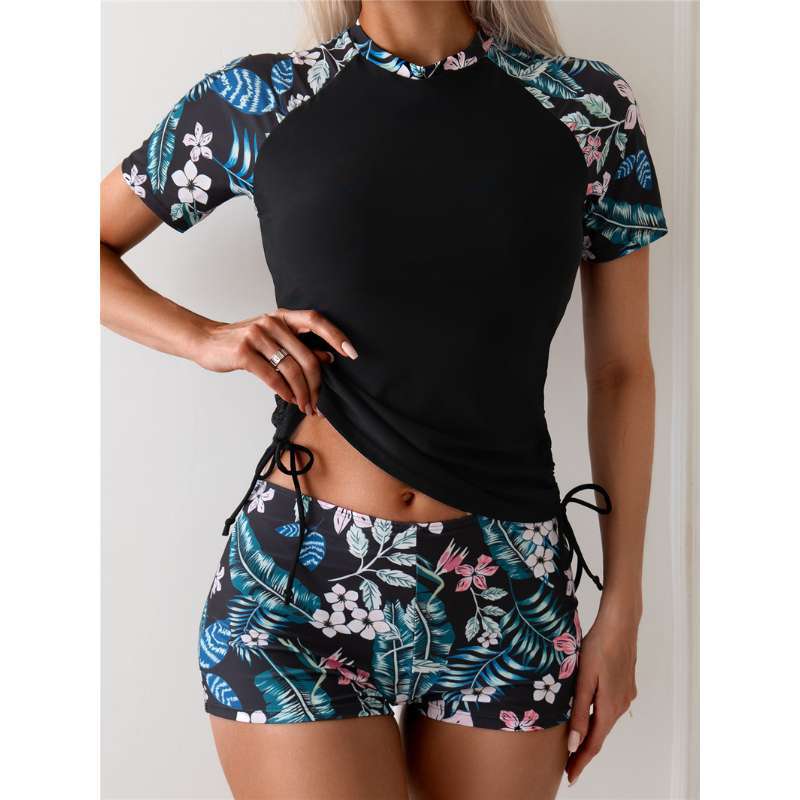 New Split Swimsuit Women's Short-Sleeved Side Drawstring Boxer Briefs Tankini Two-Piece Set Amazon Cross-Border Swimsuit