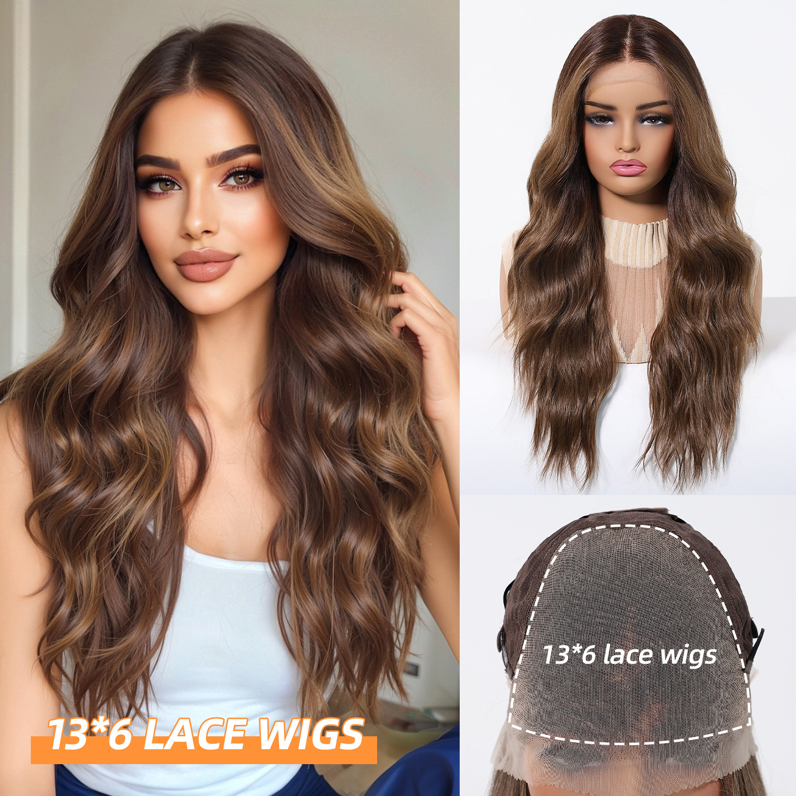 Peluca de encaje Futura de gran tamaño 13*6 para mujer, cabello largo y rizado en degradado marrón claro, peluca completa.