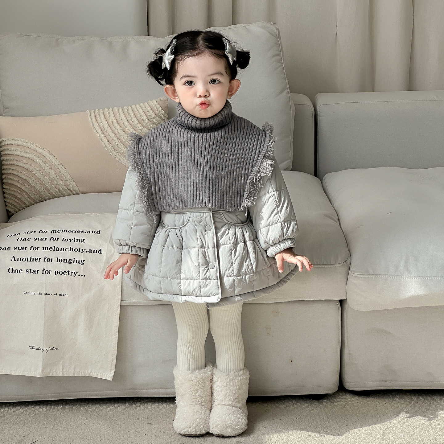 点兮冬季新款婴幼儿中长款加绒加厚棉服女宝宝高领毛衣披肩棉衣潮