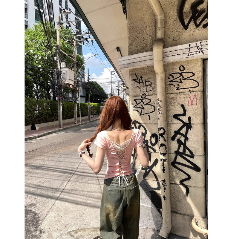 Summer fashion deep v-neck back lace stitching strap design waist all-match slim T-shirt short sleeve shoulder top Summer fashion deep v-neck back lace stitching strap design waist all-match slim T-shirt short sleeve shoulder top
