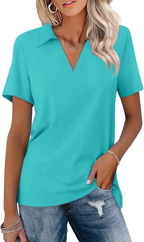 2025 アマゾンクロスボーダー女性の半袖 V ネックポロシャツ夏のノーカラートップカジュアルルーズ Tシャツトップ|undefined
