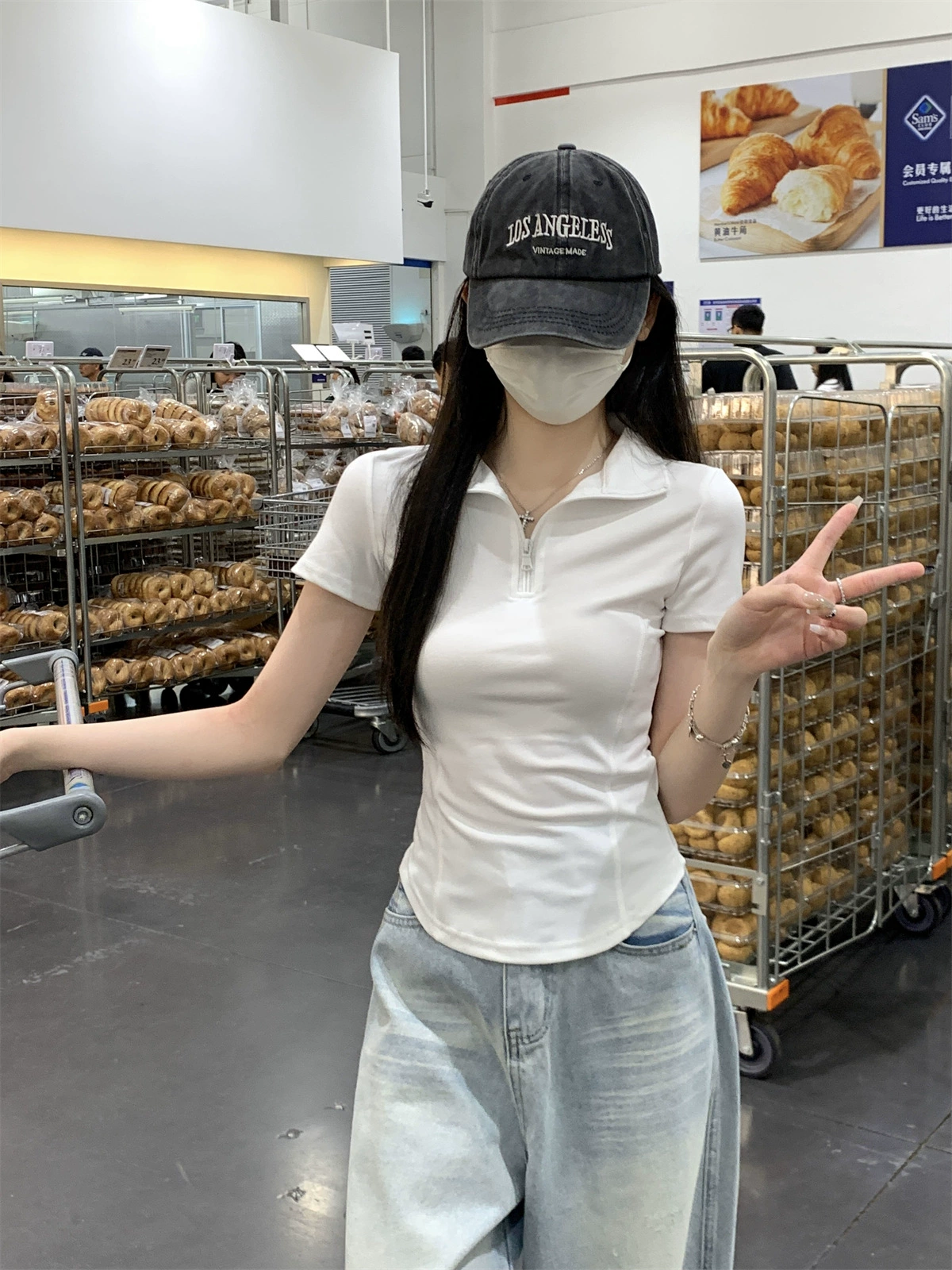 Летняя новая стильная тонкая футболка с короткими рукавами и воротником-поло на молнии для женщин, топ в корейском стиле с изогнутой талией и линией рыбьей кости