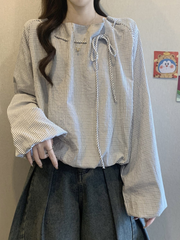 秋装2025新款爆款法式小资系带格子衬衫女设计感灯笼长袖短款上衣|undefined