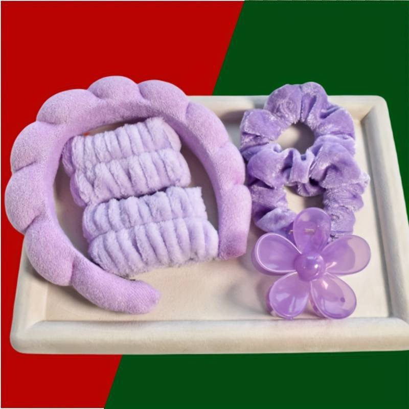 보라색 머리띠, 머리끈, 머리핀, 손목 6종 세트(솔기 인터페이스)