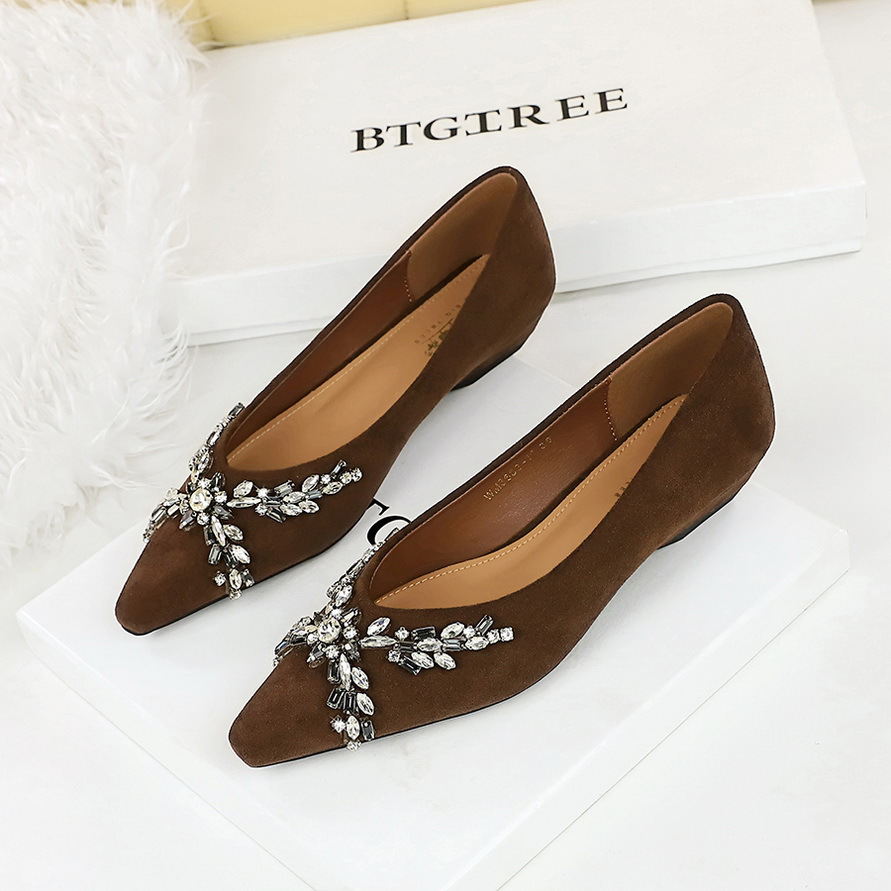 3683-H69 Korean style women's shoes with pointed shallow mouth suede sole, rhinestone chain heel, low heel, versatile women's sole