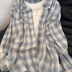 ブルーチェック柄シャツジャケット女性の夏の新しい怠惰なスタイルの日焼け止めシャツ綿とリネンのレイヤードトップクロスボーダー