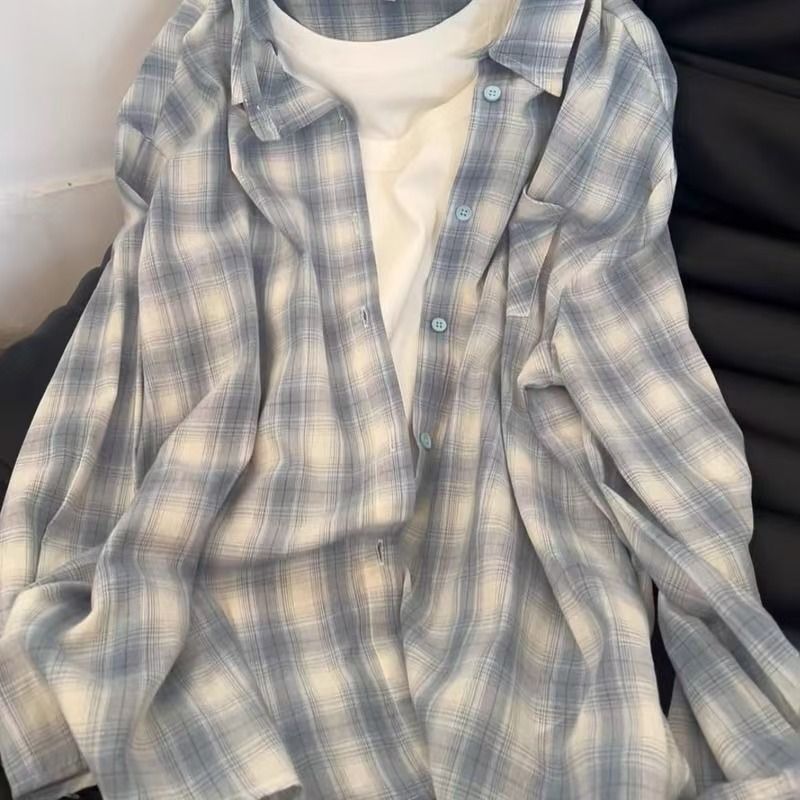 ブルーチェック柄シャツジャケット女性の夏の新しい怠惰なスタイルの日焼け止めシャツ綿とリネンのレイヤードトップクロスボーダー|undefined