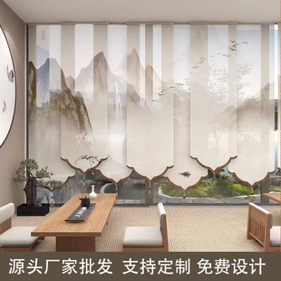 新中式透明山水卷帘窗帘屏风玄关隔断帘挂式升降遮光帘子实木造型-阿里巴巴