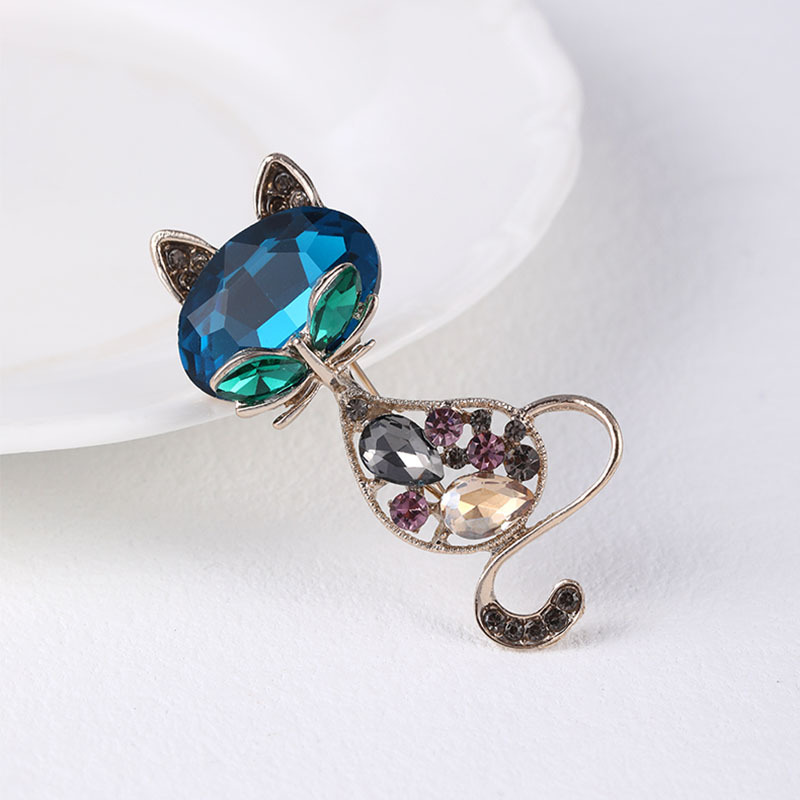Broche retro de gato con zafiro, aleación con incrustaciones, accesorio elegante