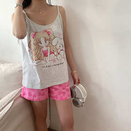 韩版睡衣女夏季新款可爱女孩芭比字母吊带短裤可外穿家居服套装