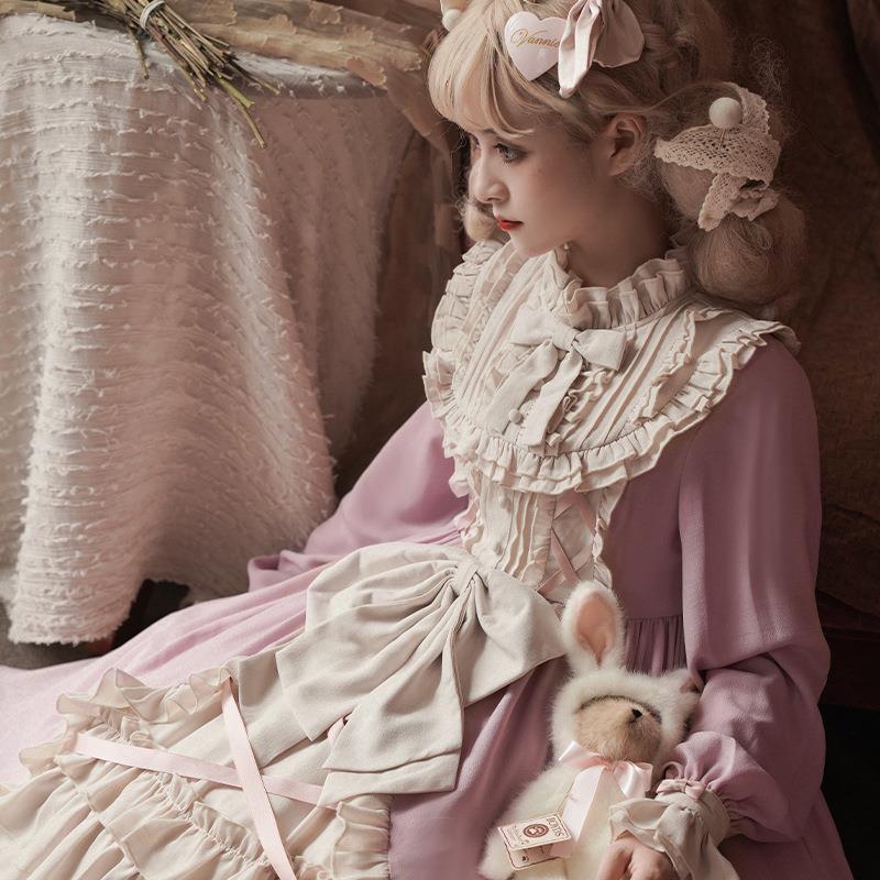 オリジナルデザイン20新作クリームOP長袖スカート清新で可愛いLolita甘美ソフト妹スカート6123|undefined
