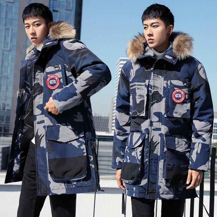 Chaqueta de plumón para hombre de media longitud 2023 Invierno Nueva chaqueta de plumón de pato con cuello de piel grande con capucha abrigo de hombre engrosado cálido