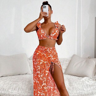 2025 New European and American Cross-Border Three-Piece Swimsuit Foreign Trade Amazon Trendy Printed Sexy Bikini Swimsuit