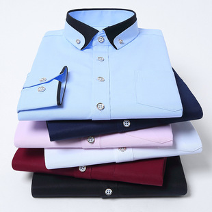 Cross-Border New Men's Contrast Collar Stretch Long-Sleeved Shirt Business Casual Comfortable No-Iron Shirt European and American Southeast Asia