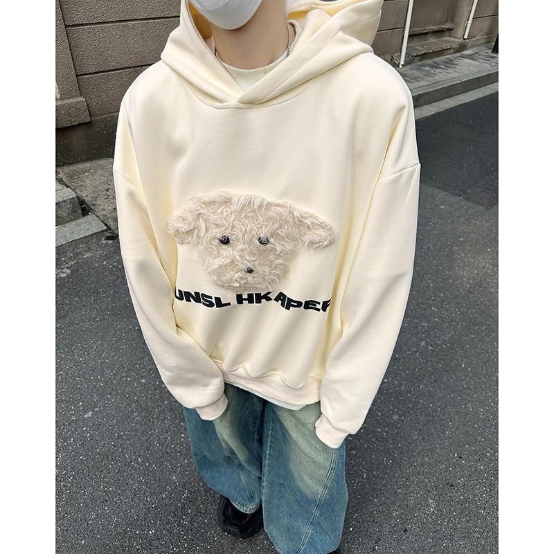 杏色毛绒小狗贴布卫衣男女宽松连帽设计感上衣秋冬款美式情侣外套