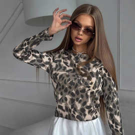 俄罗斯ins欧美豹纹印花女装夏季时尚印花性感T恤女士长袖豹纹上衣