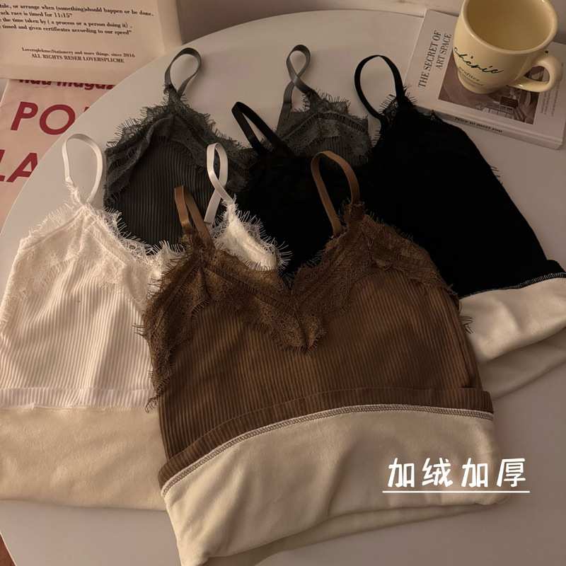 Winter fleece-lined thick lace knitted camisole women's pure want to wear outside bottoming shirt beautiful back warm top