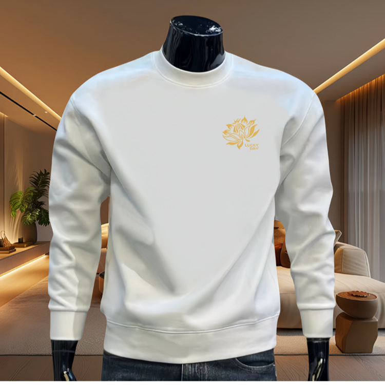 Light Luxury, Comfortable and Fashionable Men's Autumn and Winter Lotus Print Pattern Sweatshirt, Trendy Pullover, Slim Fit, Simple and Versatile