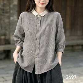 2026夏新款细格亚麻衬衫女宽松大码A版显瘦衬衣2967