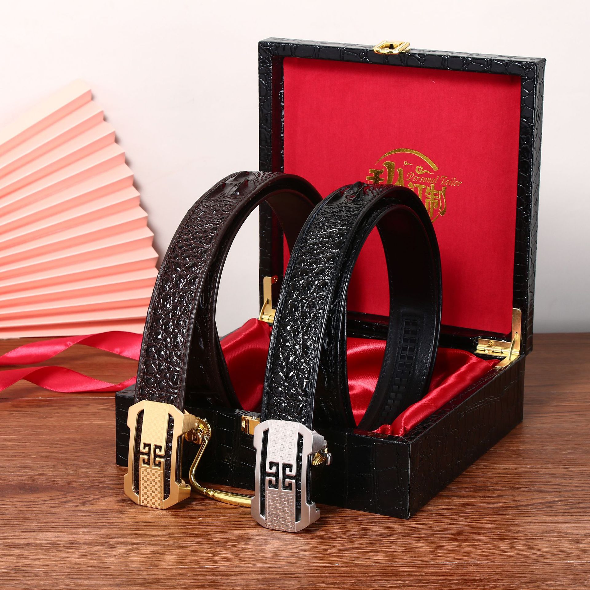 Thắt lưng da nam khóa tự động họa tiết vảy cá sấu, khóa thép không gỉ, phong cách công sở — Đen P86 vân bụng khóa 1, Nâu p86 vân bụng khóa 1, Đen p87 vân xương khóa 1, Nâu P86 vân xương khóa 1 chi tiết 2