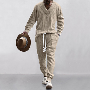 2025 Amazon Cross-Border New European and American Men's Casual Pants V Neck Versatile Jacquard Knitwear Men's Autumn Suit