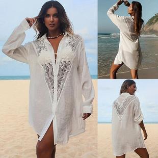 2023 new European and American lace bamboo shirt beach blouse sexy hollow sun protection bikini blouse