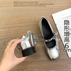 法式银色单鞋女2025新款真皮蝴蝶结芭蕾舞鞋小个子内增高玛丽珍鞋