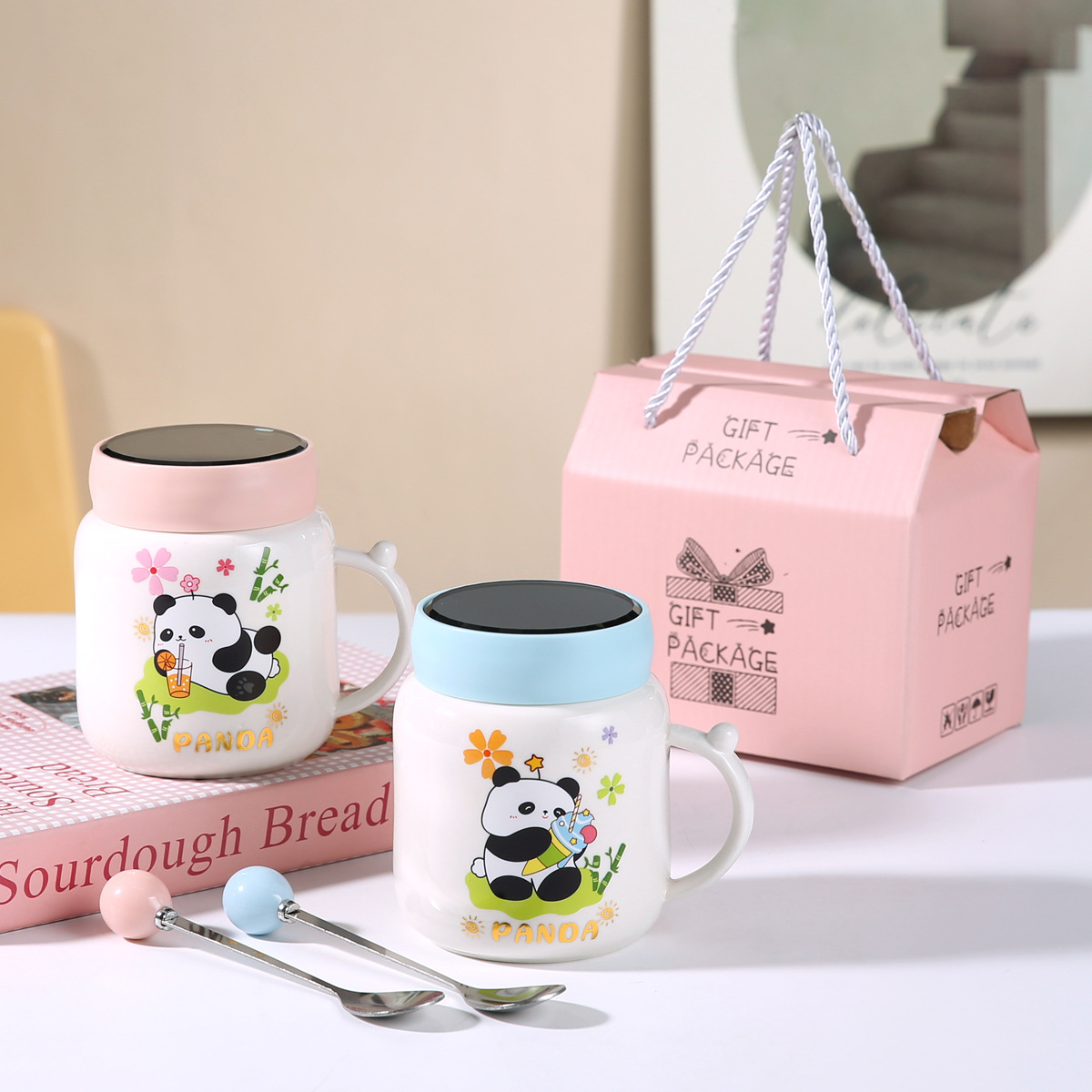 卡通陶瓷杯子镜面杯盖创意马克杯商务活动节日礼品印LOGO批发水杯