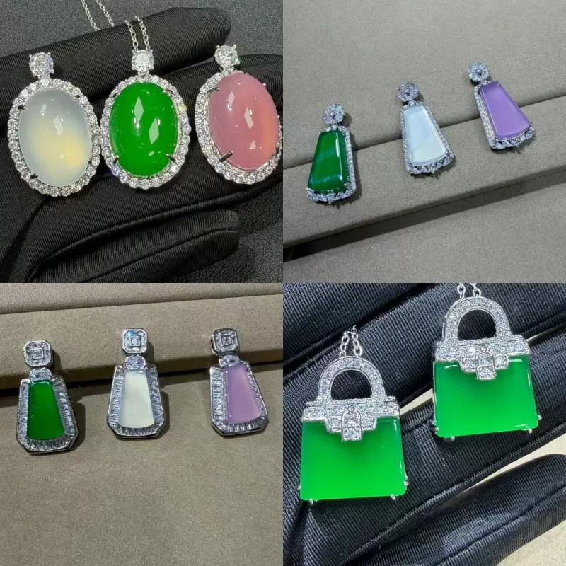 天然冰种巴西绿玉髓平安无事牌镀银镶嵌阳绿玉髓包包挂件吊坠