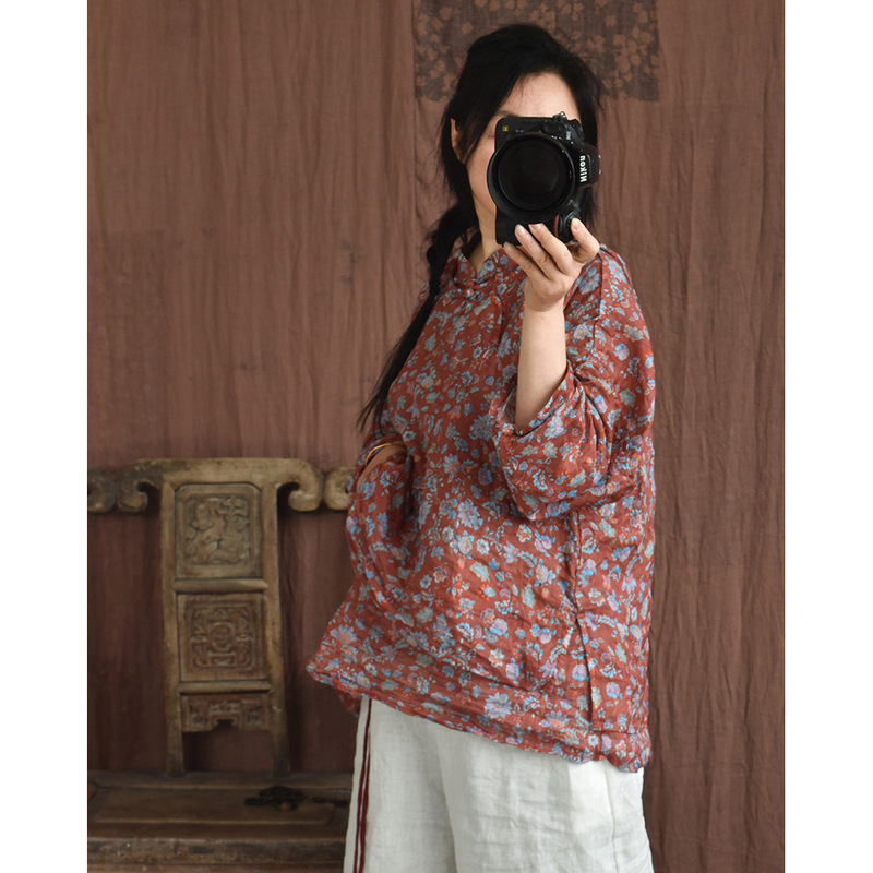 4053/original digital printing Ramie women's shirt hand-stitched buckle retro diagonal small floral top linen shirt