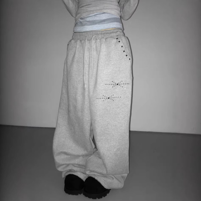 Cross-Border European and American Street Style Lace-Up Casual Pants Y2K Retro Harajuku Rhinestone Straight-Leg Pants High-Waisted Hip-Hop Sports Pants