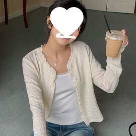 春秋小个子针织花边肌理提花显瘦简约香风开衫背心外搭薄款上衣