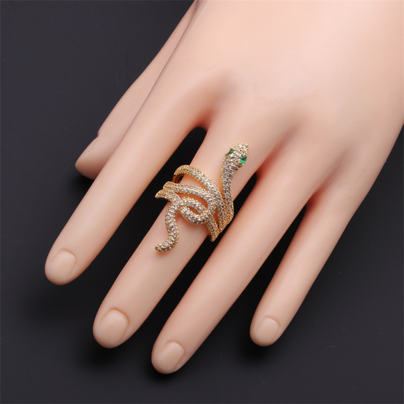 Fashion Colorful Oil Snake-shaped Open Green Zircon Copper Ring display picture 7