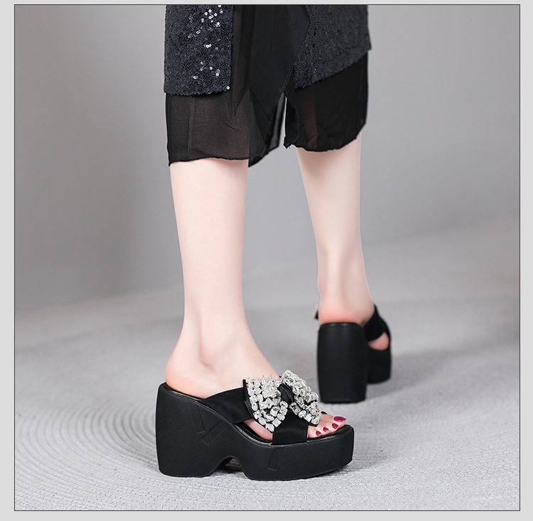 Sandal cao gót nữ đính đá hở mũi quai chéo nơ bướm đế dày — màu đen chi tiết 7