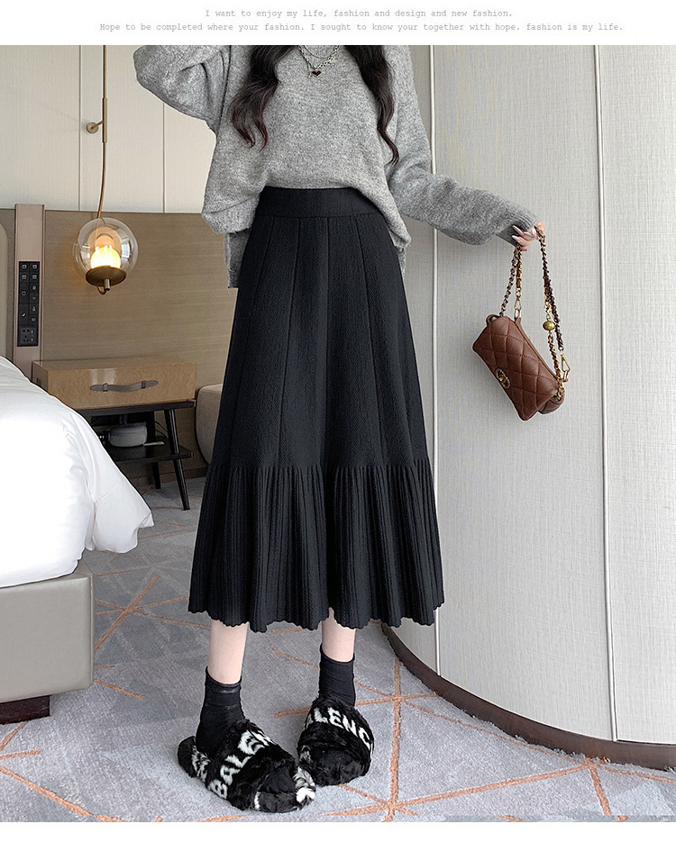 Pleated Knitted Skirt Women'S Autumn And Winter New Fashion High Waist Korean Version Casual And Thin Big Swing Skirt A-Shaped Skirt Umbrella Skirt 33 Undefined
