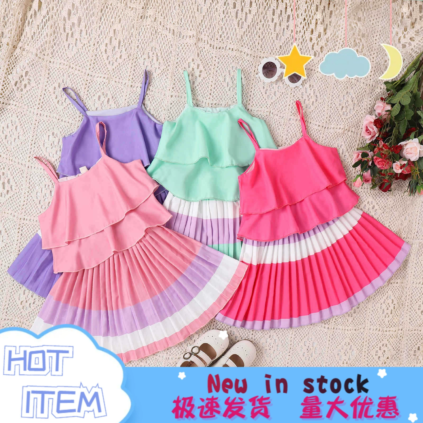 宝薪 Модная футболка, pleated skirt, набор, детская одежда, европейский стиль