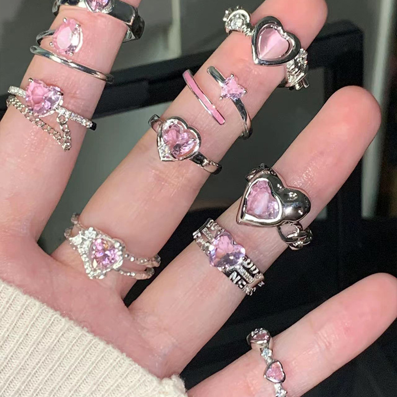 Sweet wind full drill stack wearing cherry blossom pink heart zircon ring female Instagram opening adjustment ring new tide