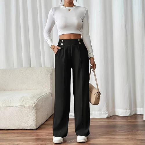 European and American new style dropped hem casual pants high-waisted long pants loose temperament straight-leg women's unique suit plain color women's pants