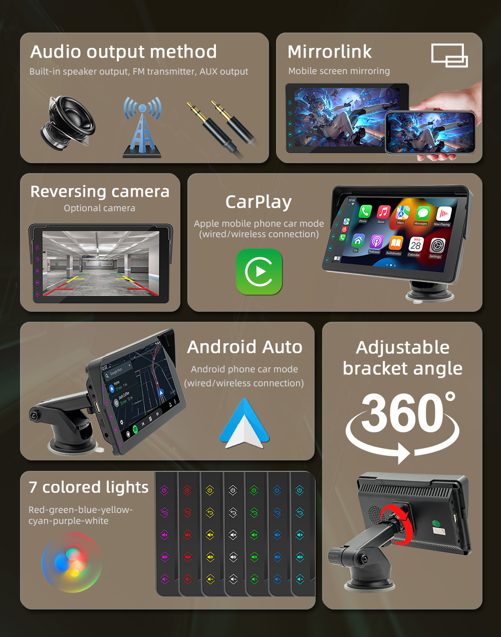 Cross-Border Factory Source 7inch Bluetooth Carplay Navigation Box Car Reversing Rear View Screen Projection Display Touch Screen