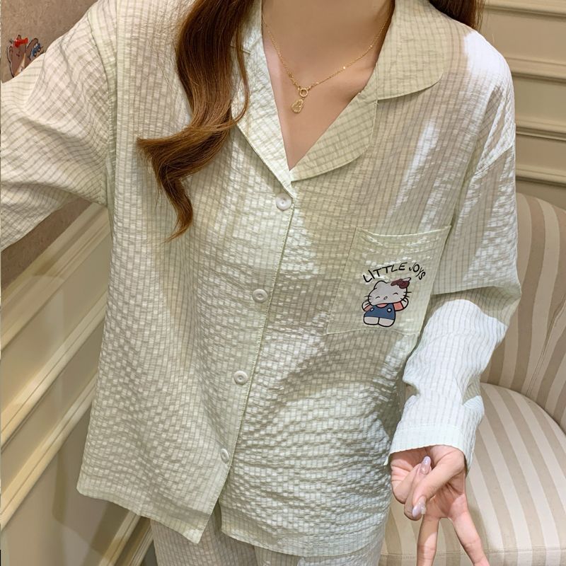Transmisión en vivo transfronteriza primavera y otoño de manga larga tejida de algodón jacquard pijama de mujer KT gatos bonitos cardigans set