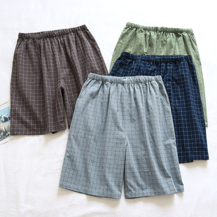 Washed Cotton Simple Plaid Pajama Pants Men's Summer Cotton Gauze Five-Point Shorts Large Pants Medium Pants Home Shorts Beach Pants