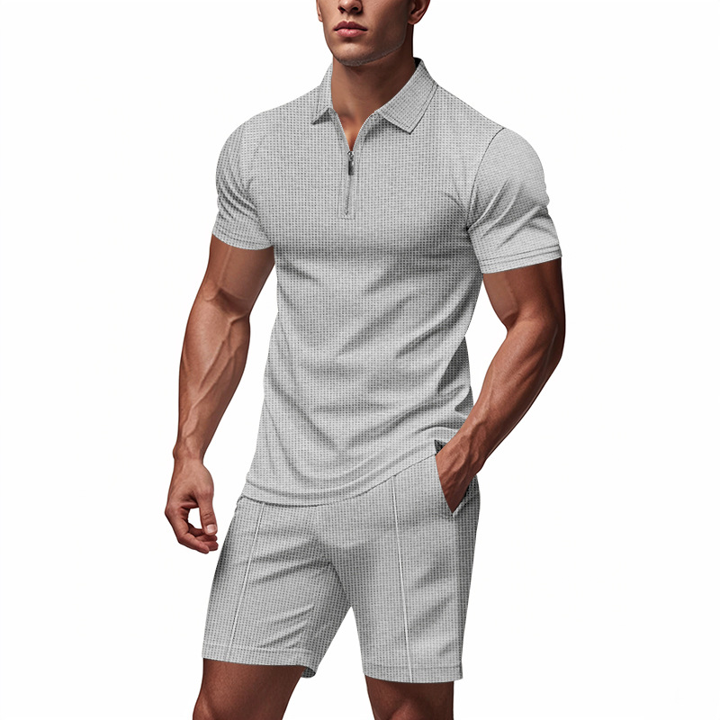 Summer Polo Men's Suit Loose Fit Zip Up Short Sleeved American Waffle Clothing For Men Shorts Included_voghion.com