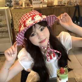 日系原创自制kitty格纹渔夫帽女夏y2k可爱出游防晒遮阳渔夫帽系带