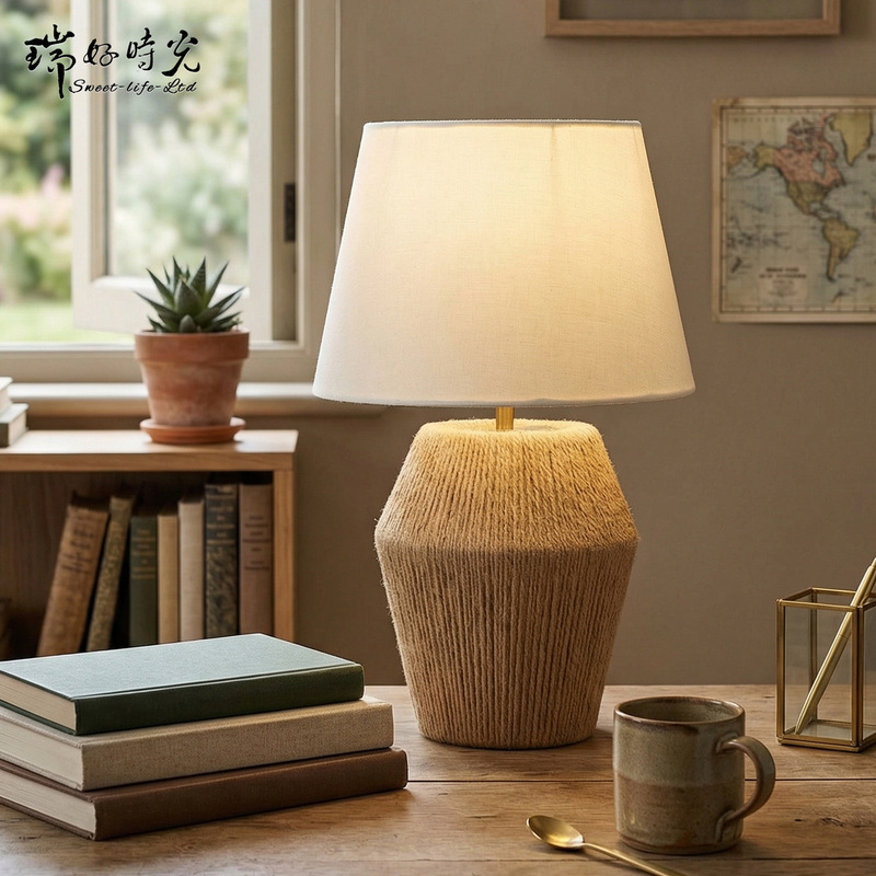 Wabi-Sabi Style Hemp Rattan Hotel and Homestay Table Lamp, Vintage Style Bedroom Simple Bedside Lamp, Warm and Natural Pastoral Style Ornament