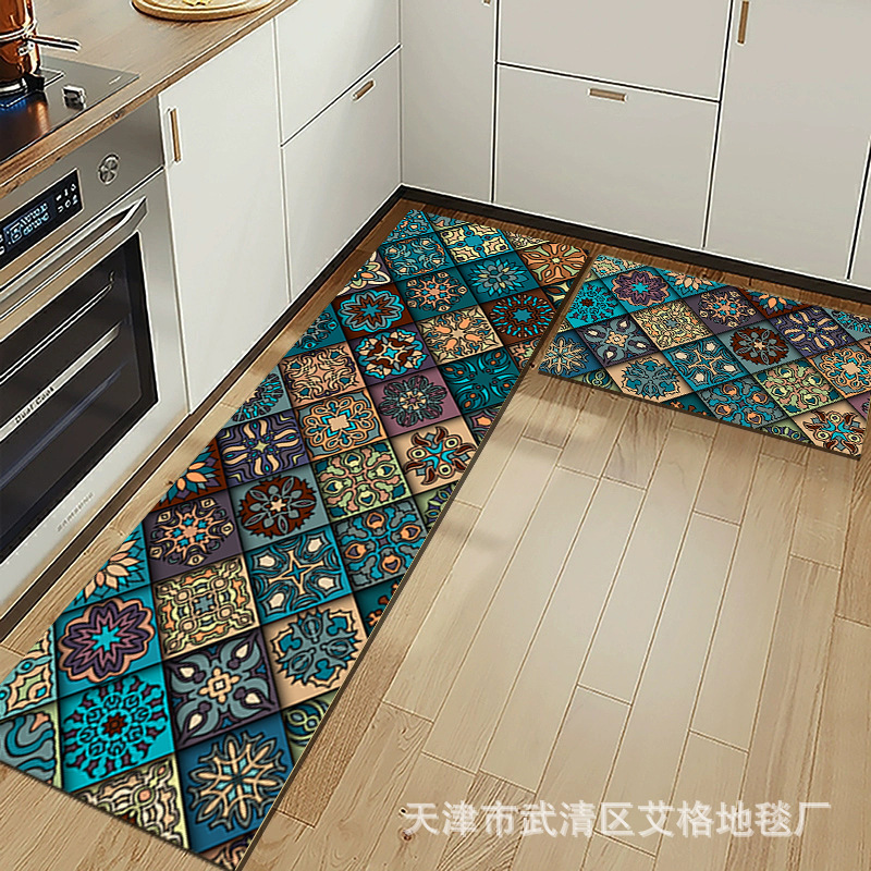 波西米亞簡約廚房墊美式復古吸水地墊水晶絨印花兩件套廚房地毯