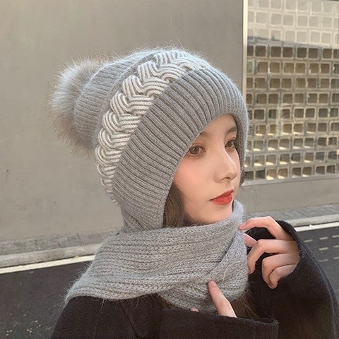 围巾耳罩时尚秋冬款帽子风雪围脖一体帽毛线针织套帽保暖护耳帽女|undefined
