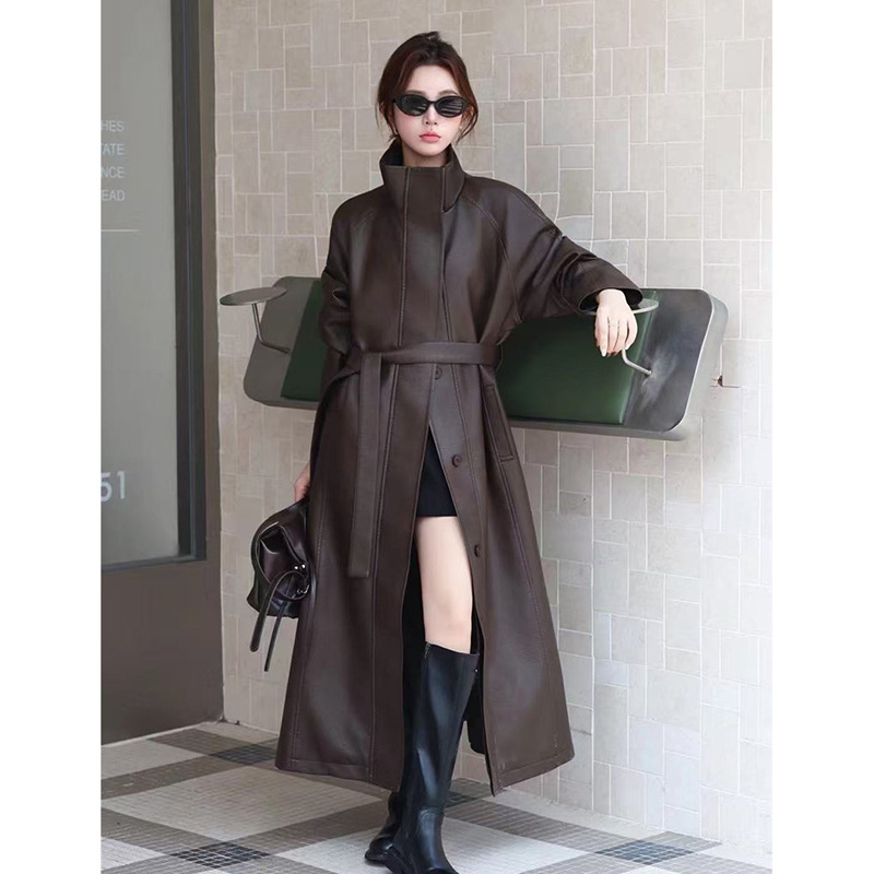 高级感立领pu皮衣外套长款女2025秋季气质系带复古过膝风衣大衣潮|undefined